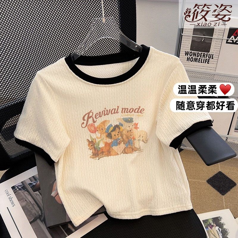 筱姿T恤港風2023年新款設計感卡通正肩短袖少女短款ins上衣潮