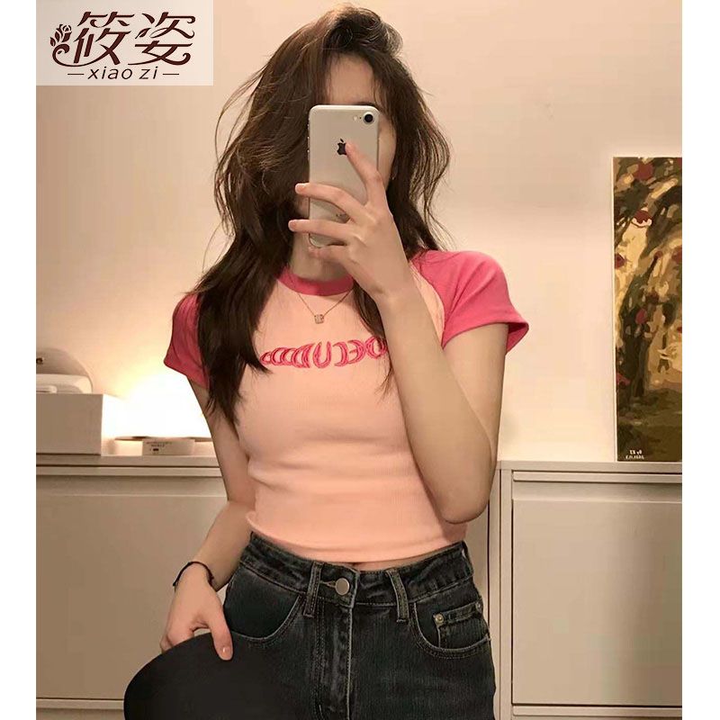 筱姿純棉辣妹短袖t恤女夏設計感小眾純欲風修身顯瘦露臍短款上衣