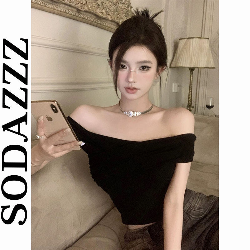 Pure Desire Hot Girl Black One Shoulder Short Sleeve T-Shirt Women's Summer Cross Slim Slim Backless Short French Top