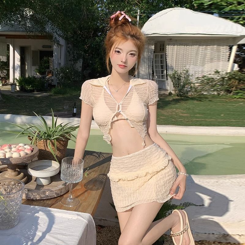 韩国新款少女泳衣带罩衫比基尼性感分体高级感度假泡温泉游泳衣女