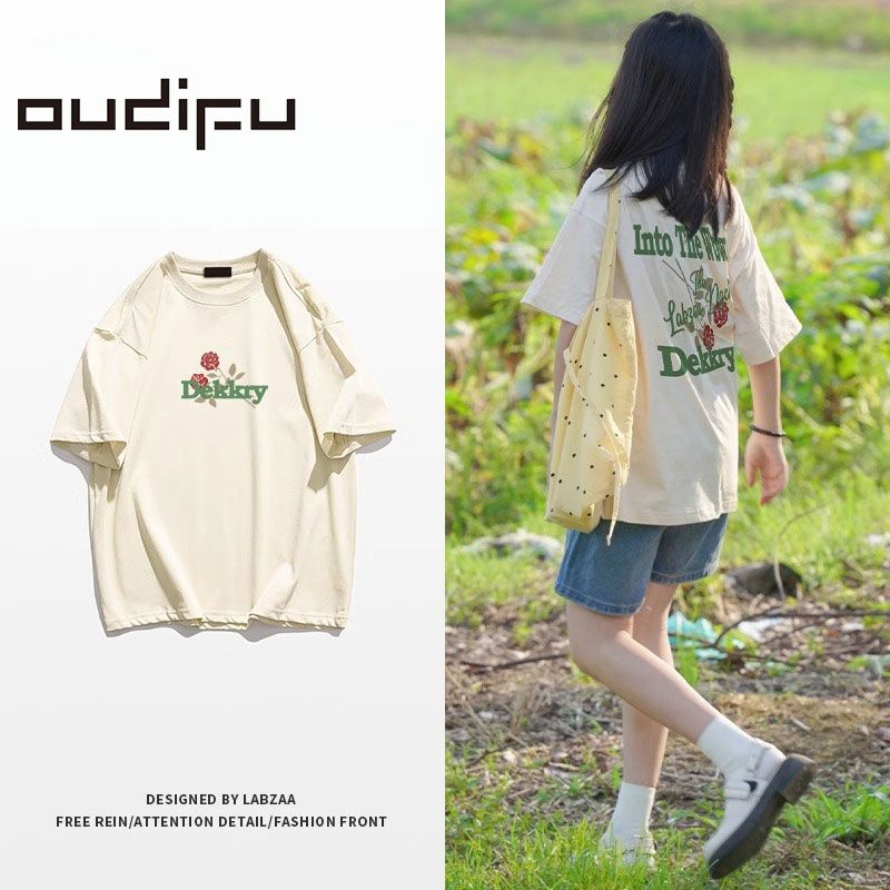 OUDIFU短袖T恤女2023夏季新款多巴胺韓版學生BF潮牌純棉上衣ins潮