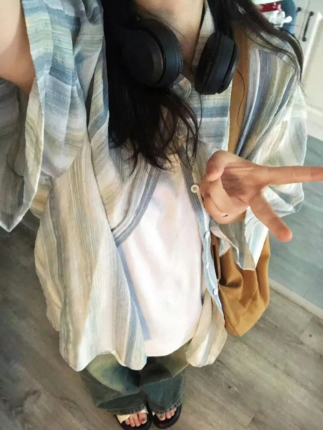 2023夏季新款暈染條紋短袖襯衫女韓版通勤百搭襯衣寬鬆防曬衣外搭