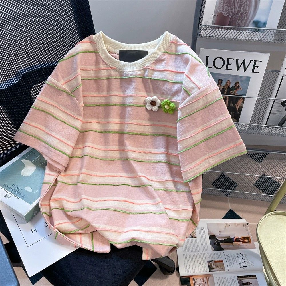 oversize正肩短袖t恤女夏季2023新款設計感小眾條紋立體花朵上衣