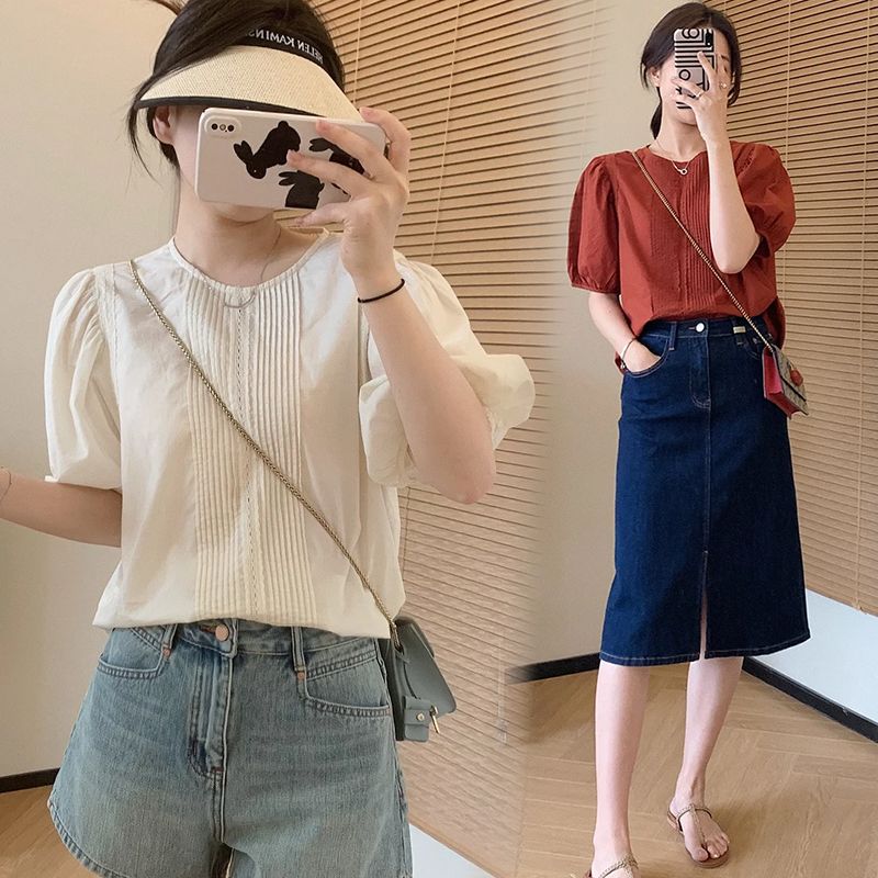 藍海奕諾寬鬆圓領泡泡短袖小衫女2023夏季氣質顯瘦襯衫小個子上衣