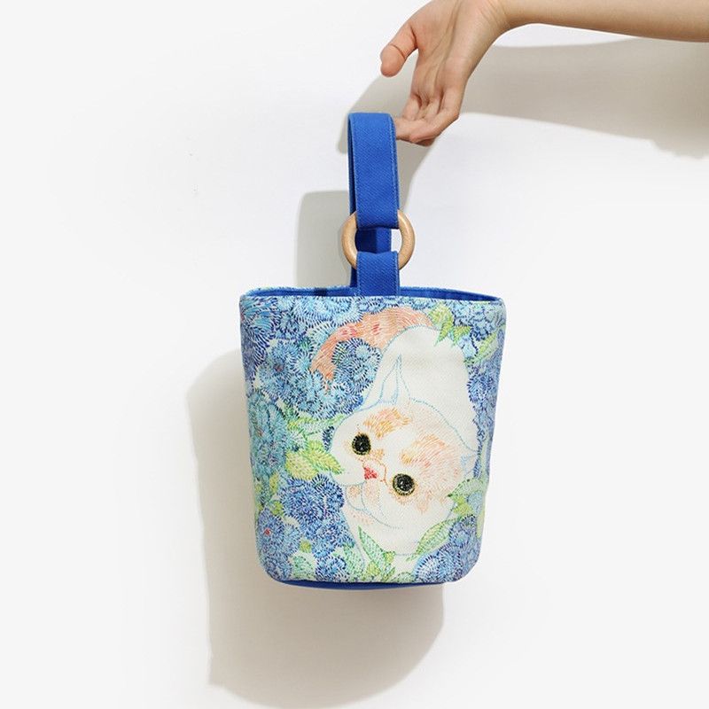  New Office Worker Portable Tote Bag Canvas Bucket Bag Cute Bucket-shaped Hand-carrying Lunch Bag Handbag