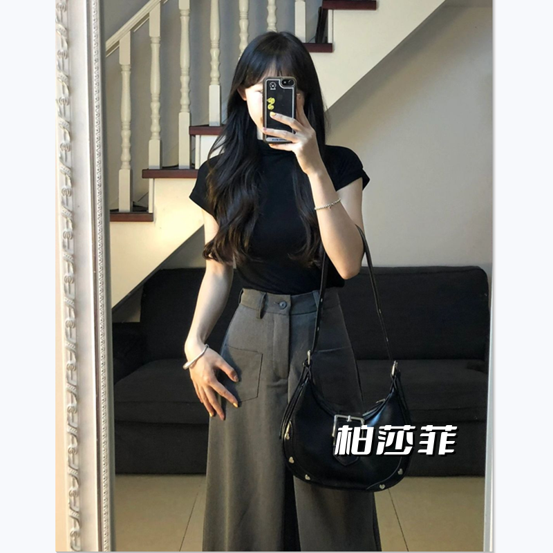 套裝女2023夏季新款純欲風氣質復古短袖t恤女高腰顯瘦西裝闊腿褲