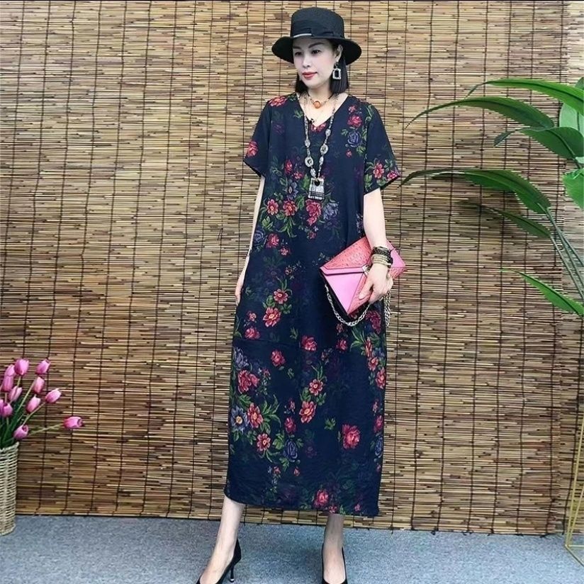 高貴媽媽夏季薄款連衣裙亞麻清涼透氣短袖口袋燈籠裙遮肚子顯瘦