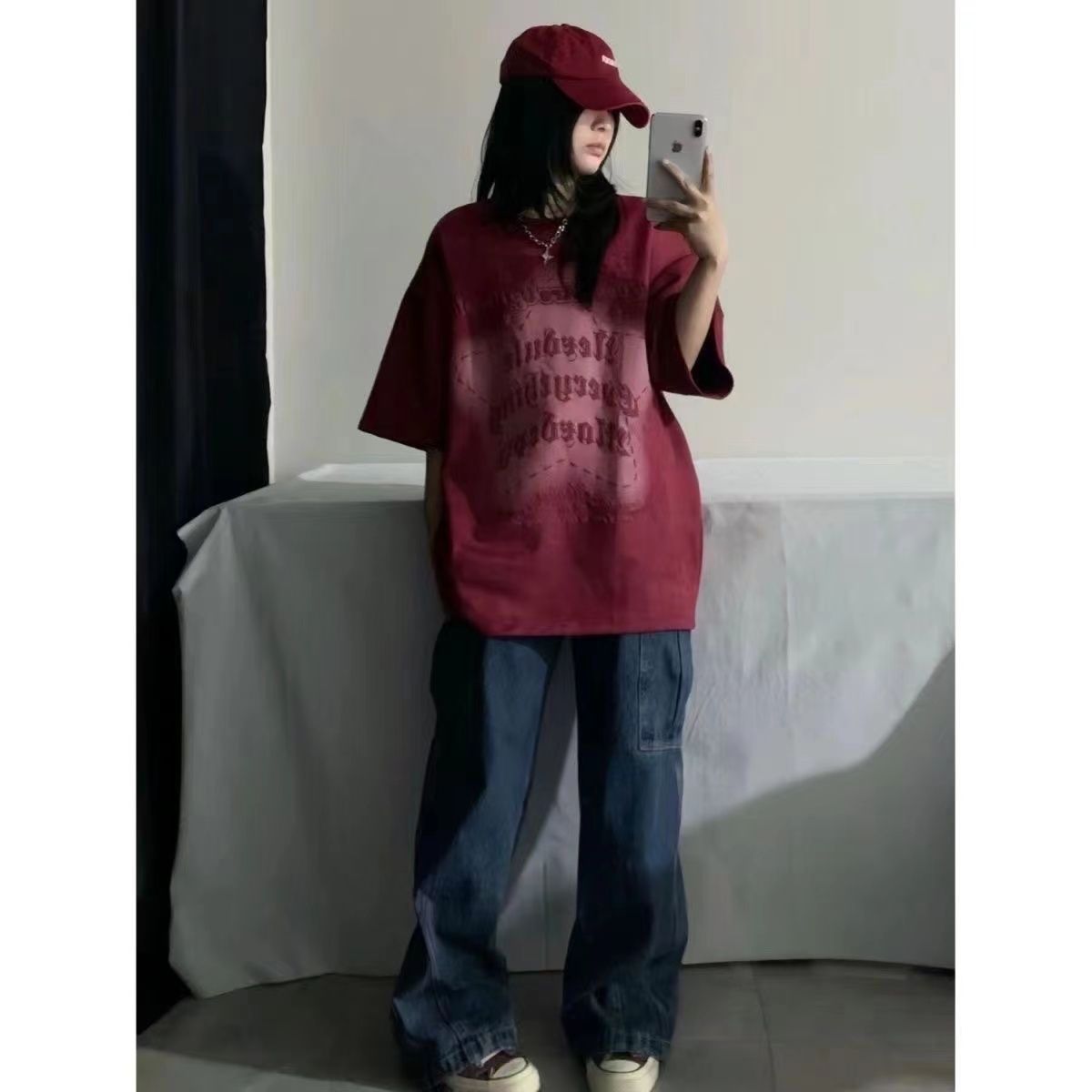 夏季新款潮流校園風100%純棉酒紅色短袖t恤女學生韓版寬鬆ins上衣