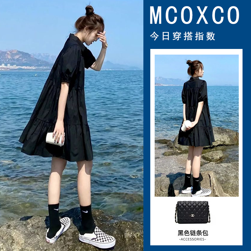 小香風寬鬆顯瘦連衣裙子女裝夏季赫本風法式設計感小眾褶皺小黑裙