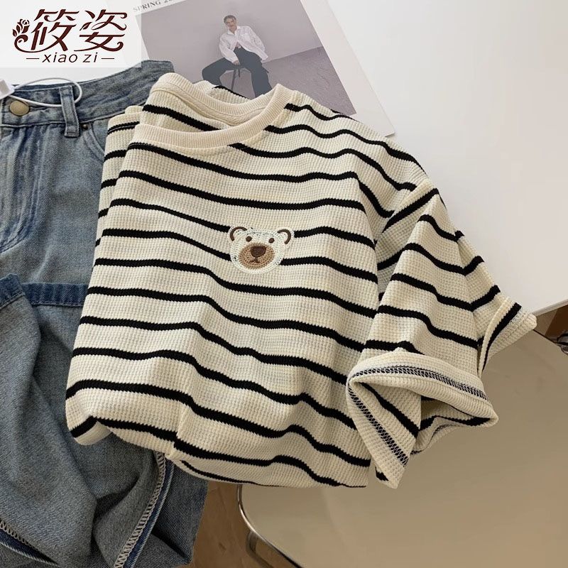 筱姿小熊刺繡寬鬆顯瘦純棉短袖T恤女夏季2023百搭條紋圓領上衣