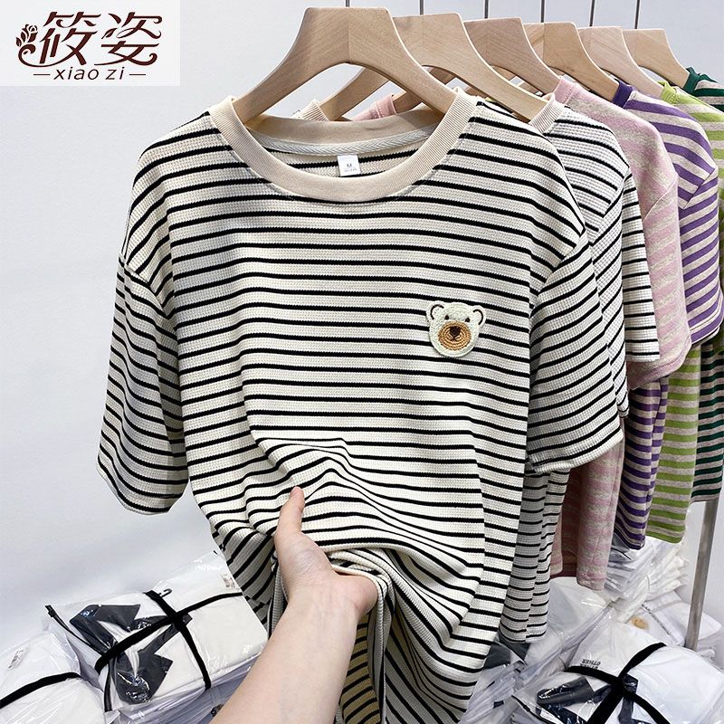 筱姿小熊刺繡純棉短袖T恤女夏季寬鬆顯瘦2023百搭條紋圓領上衣