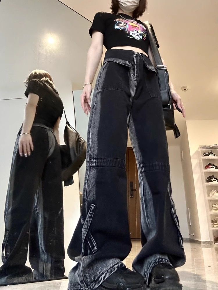 美式高街翻邊直筒牛仔褲女夏季高腰小眾設計感寬鬆顯瘦闊腿拖地褲