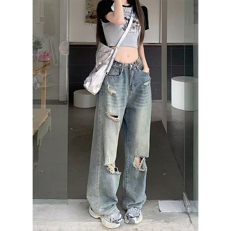 復古可調節腰部破洞闊腿牛仔褲子女夏季高腰淺色直筒拖地雅痞長褲