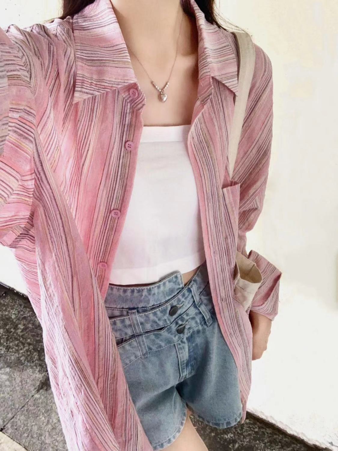 韓系甜美暈染粉色條紋襯衫女夏季薄款寬鬆休閒襯衣外穿防曬衣