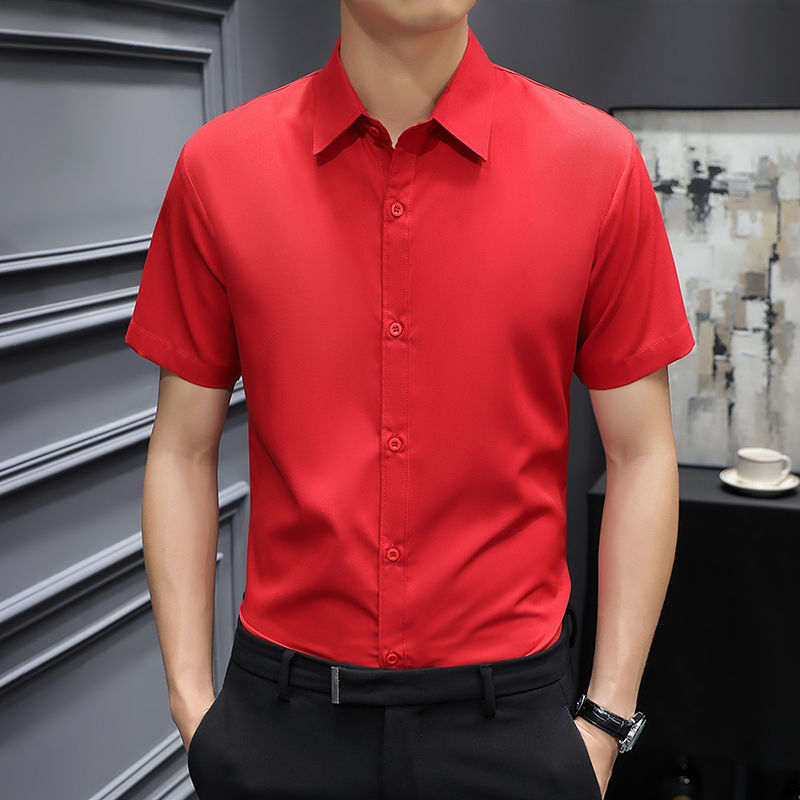 大紅色襯衫男抗皺免燙透氣高級感中國紅本命年男士結婚上衣服男裝
