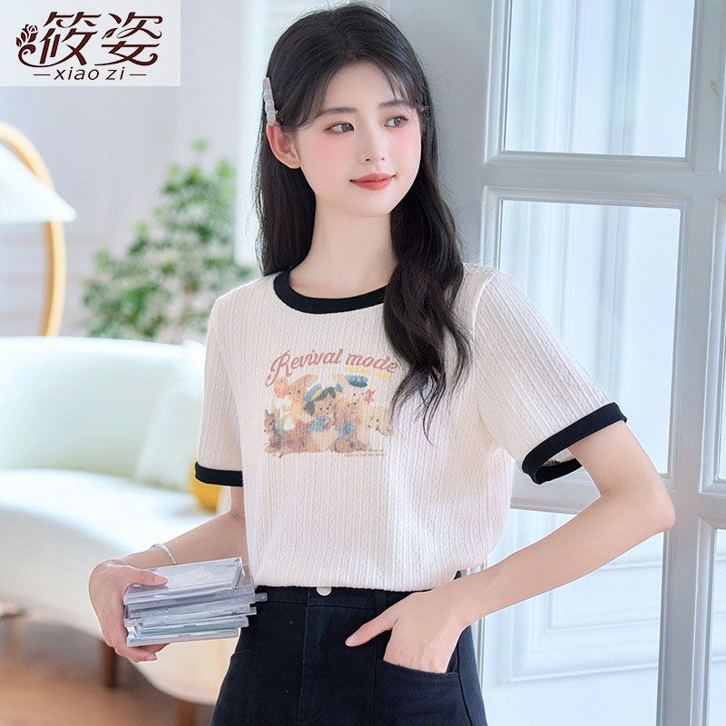 筱姿2023年新款短款設計感卡通正肩短袖少女T恤港風ins上衣潮