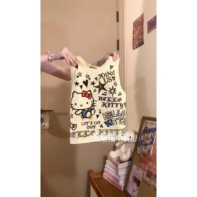 日系軟妹hellokitty印花吊帶背心女春夏街頭辣妹滿印短款露臍上衣