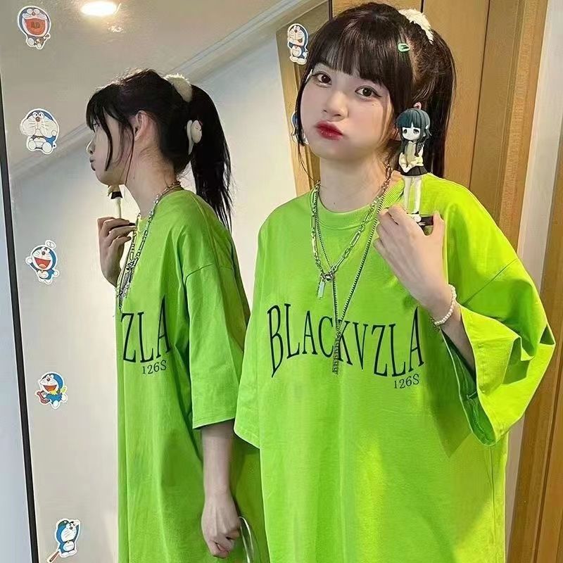 純棉100%oversize短袖t恤女學生夏情侶設計感小眾熒光綠字母上衣