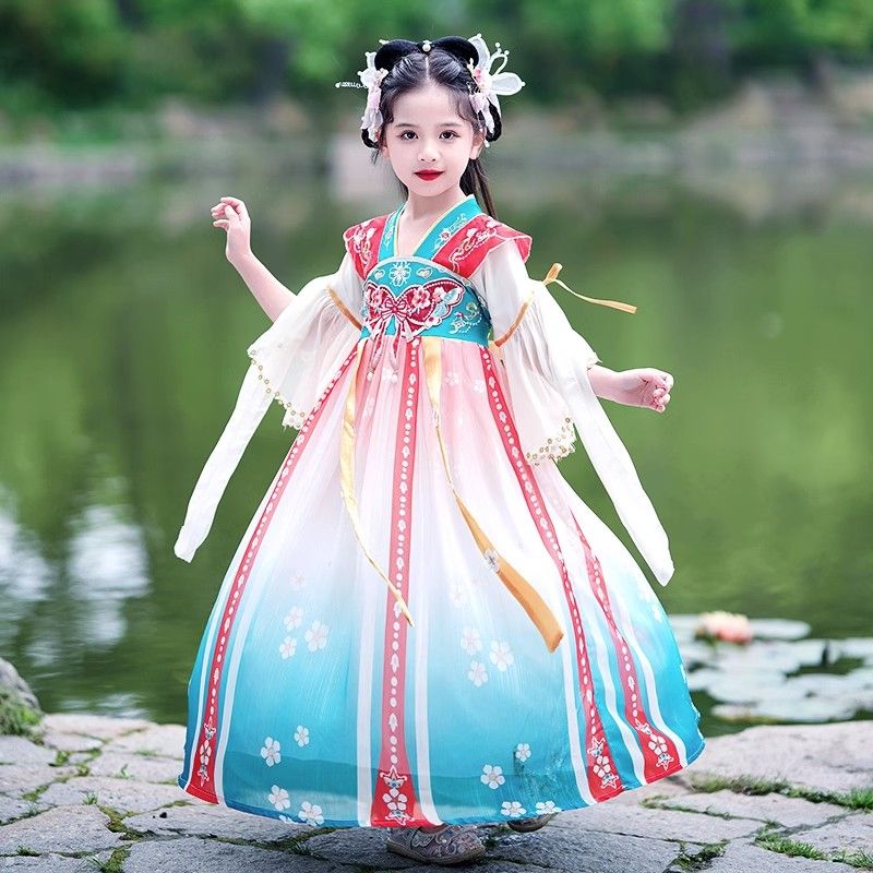漢服女童夏款短袖2023新款兒童古風超仙連衣裙中國風寶寶襦裙唐裝