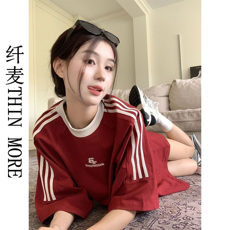 纖麥THIN MORE純棉千禧風紅色T恤女夏寬鬆中長款撞色字母短袖上衣
