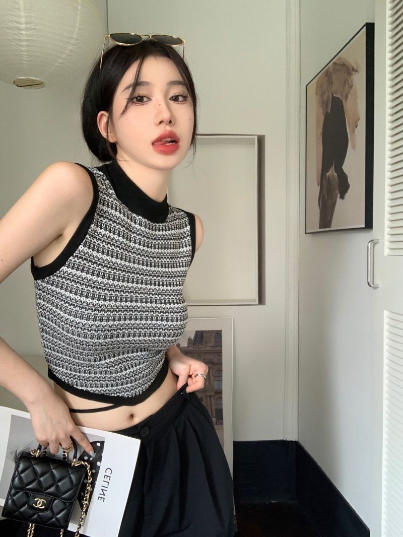 辣妹復古條紋針織綁帶吊帶背心女夏季純欲風修身內搭外穿短款上衣