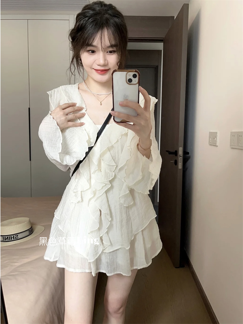 韓系溫柔風荷葉邊氣質V領長袖防曬襯衫休閒短裙褲高級感小眾套裝