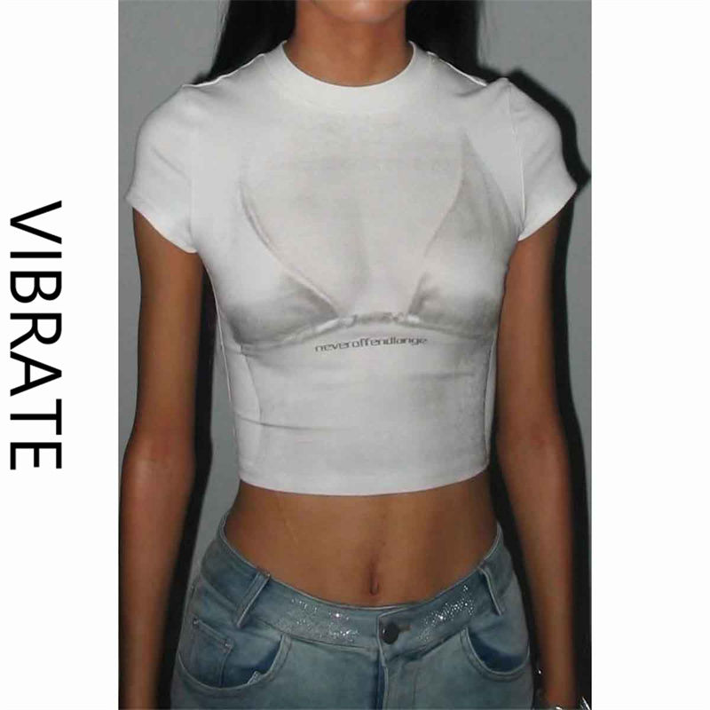 VIBRATE hot girl pure desire wind top female American retro perspective effect printing slim fit navel short-sleeved t-shirt