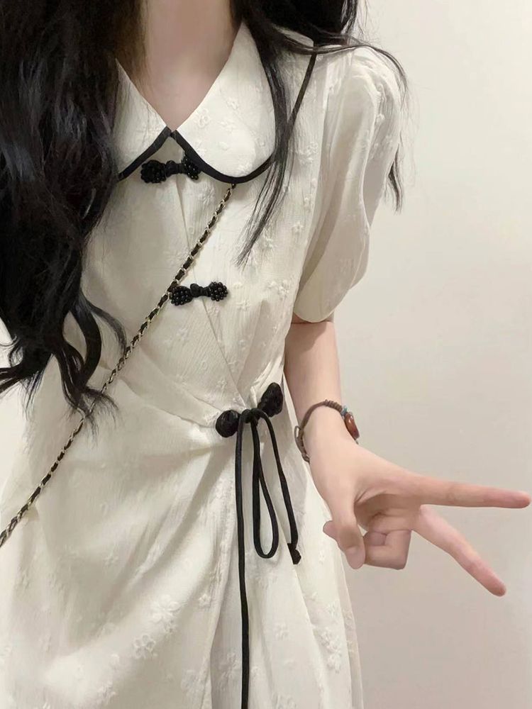 中國風改良設計感蝴蝶結娃娃領連衣裙夏日上新女學生收腰氣質長裙
