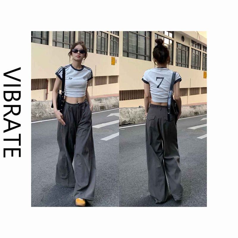VIBRATE striped short slim T-shirt 2023 summer new American style hot girl sports casual navel short-sleeved