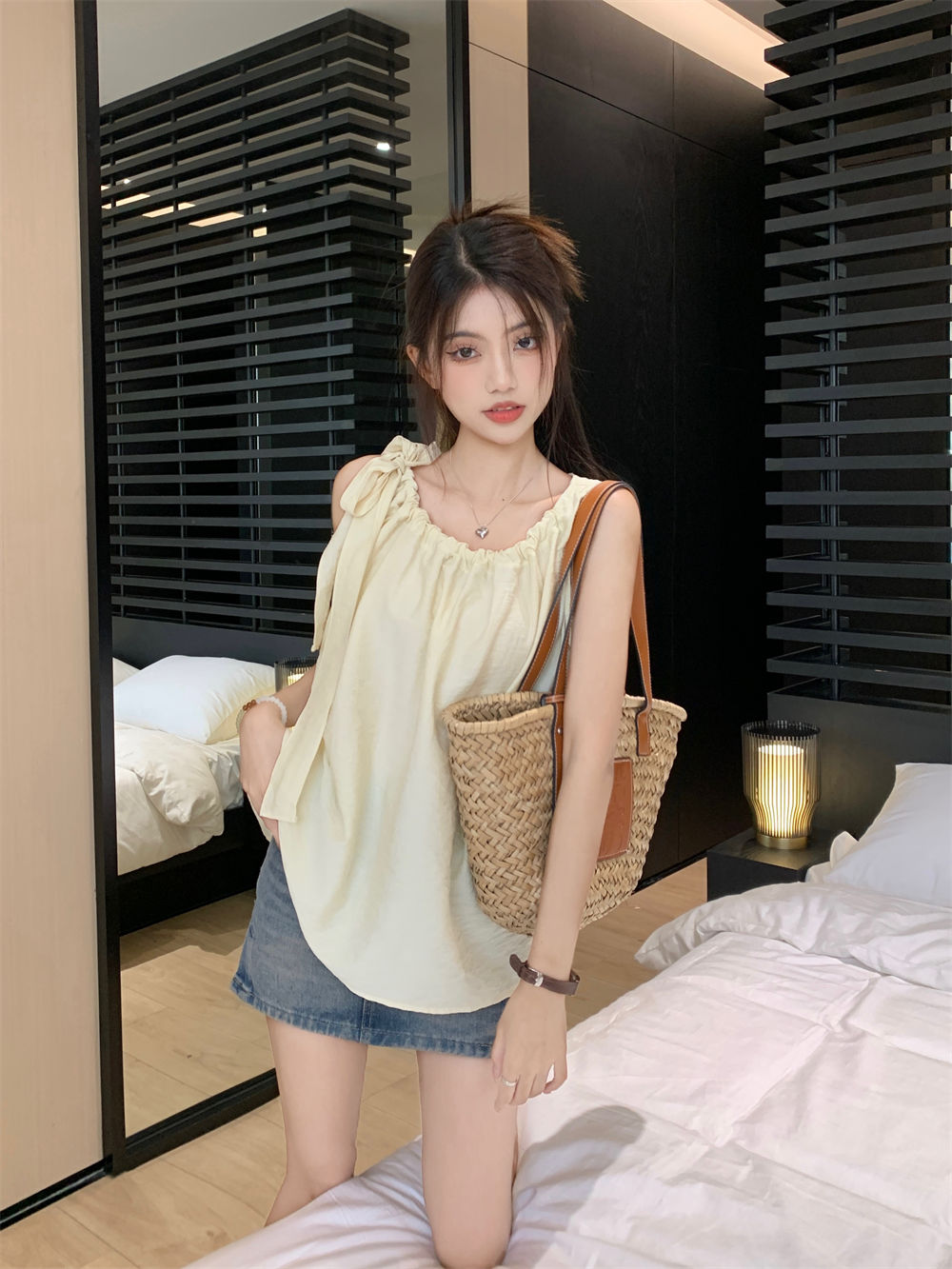 kumikumi設計感小眾抽繩系帶無袖吊帶背心女夏季寬鬆顯瘦外穿上衣