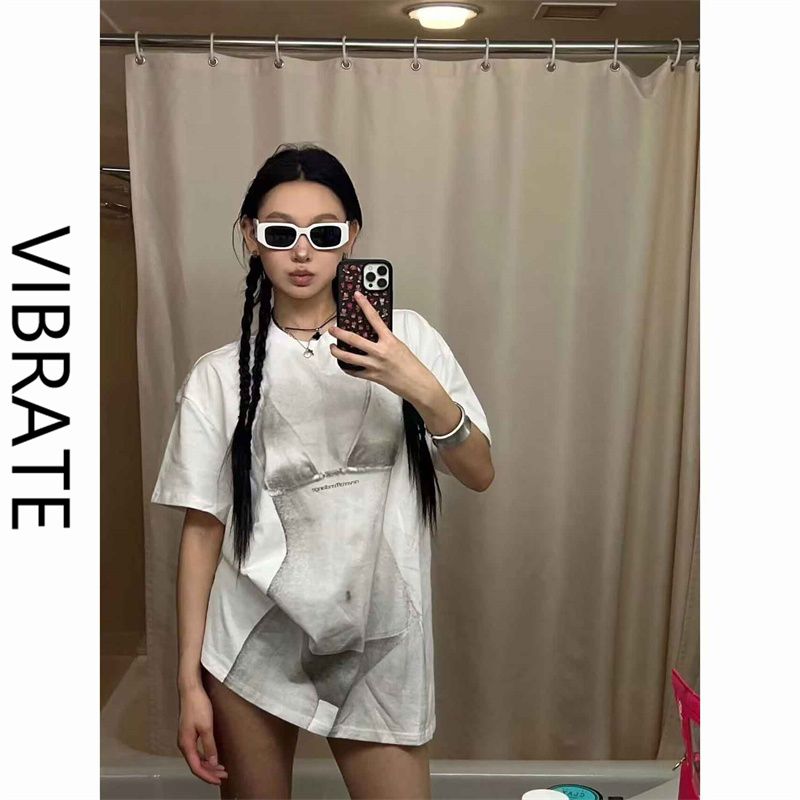 VIBRATE pure cotton hot girl pure desire style short top female American retro perspective effect printed short-sleeved t-shirt tide