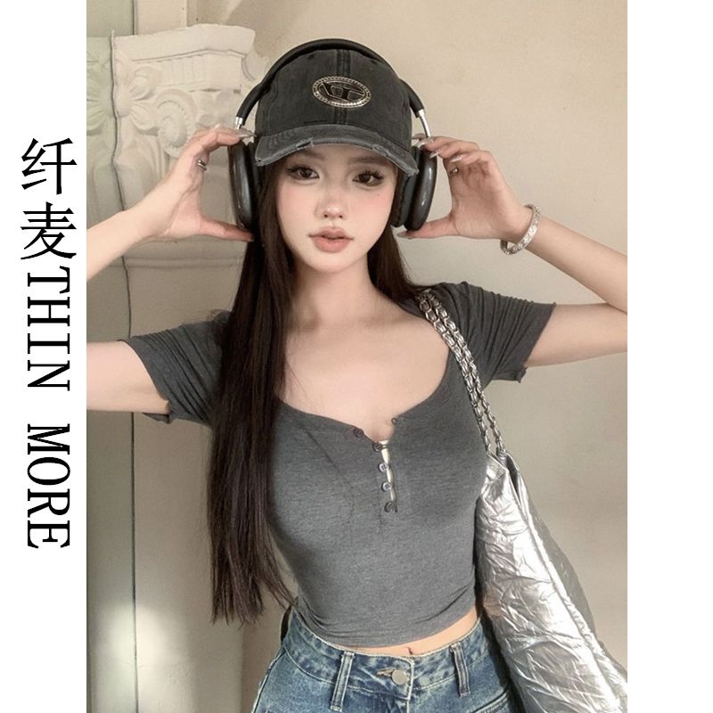 Fianmai THIN MORE sweet hot girl short-sleeved T-shirt women's summer pure new style European and American tight short top trendy