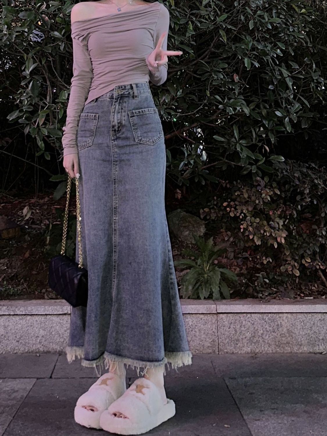 American retro high-waist denim fishtail skirt for women spring and summer new mid-length a-line skirt hot girl hip skirt