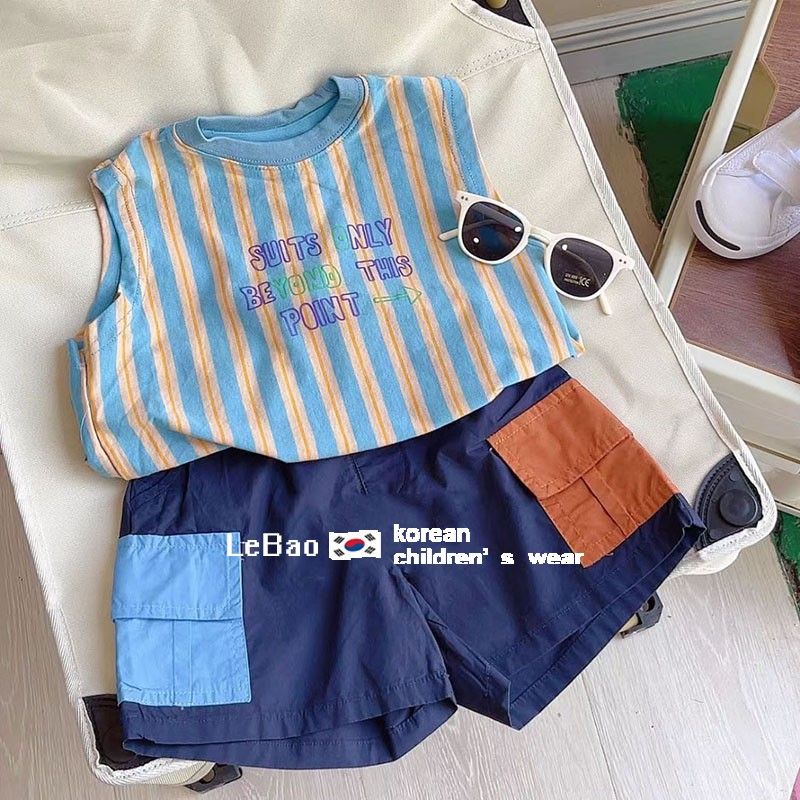 韩国童装男童夏装套装宝宝条纹纯棉背心儿童痞帅蓝色短裤两件套潮