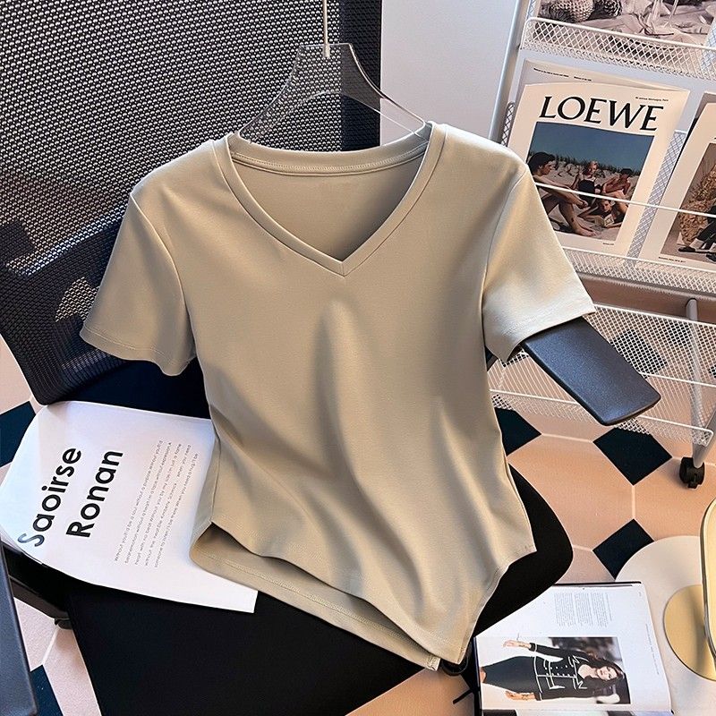 Irregular Slim Shoulder Ladies T-Shirt Short Sleeve Summer Design V-Neck Korean Version All-match Hem Temperament Short Top