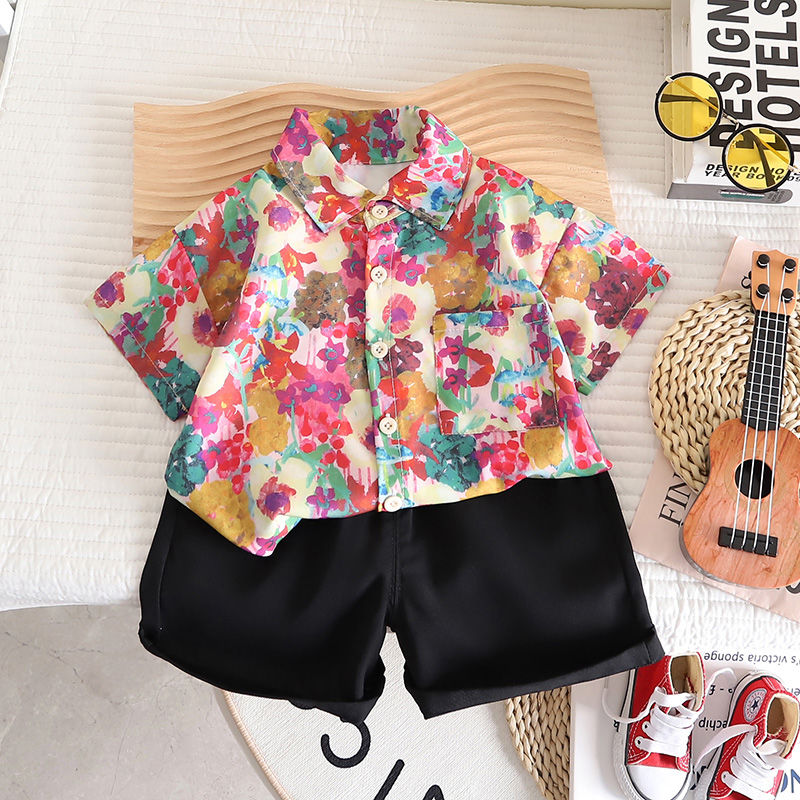 Children's shirts 2023 summer styles for small and medium-sized children and babies trendy personalized floral short-sleeved shirt suits for boys and girls summer clothes