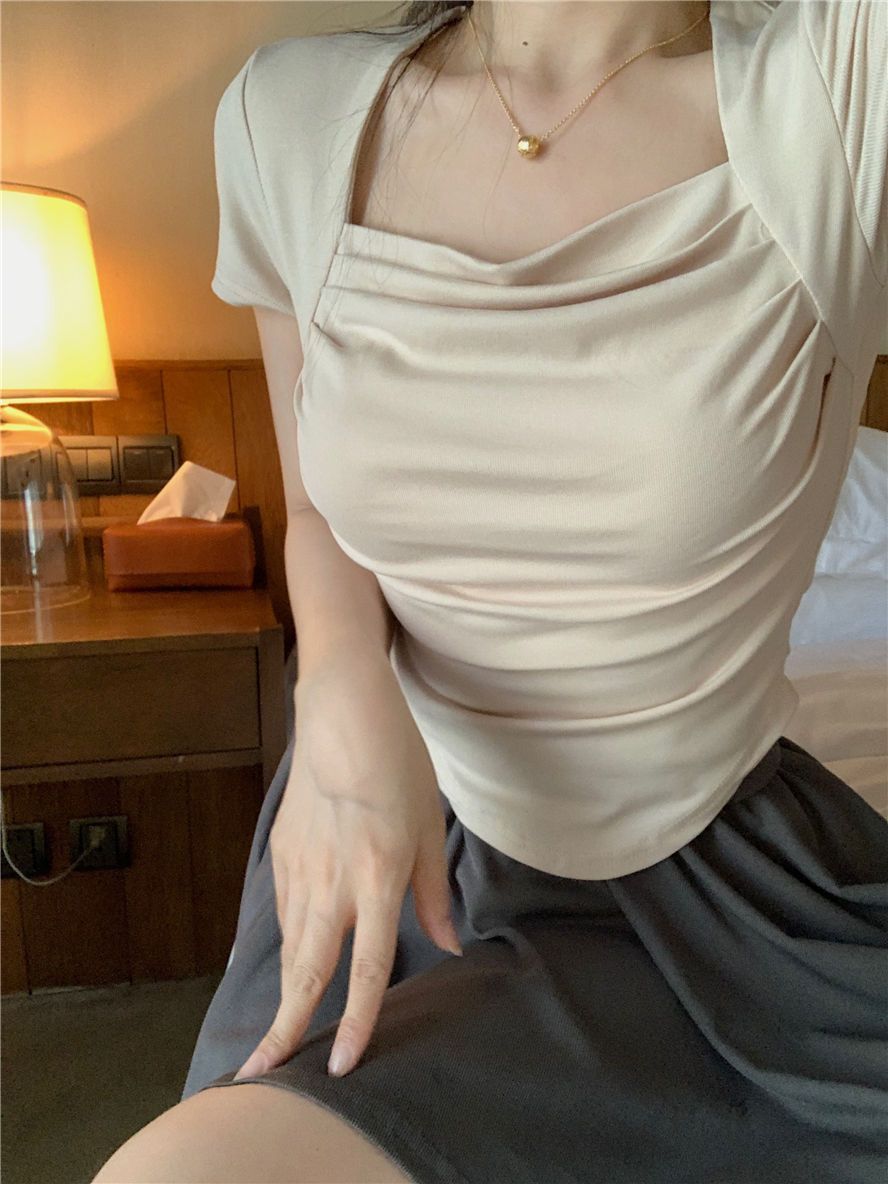 纤麦THIN MORE方领短袖T恤女夏季新款修身短款设计感褶皱收腰上衣