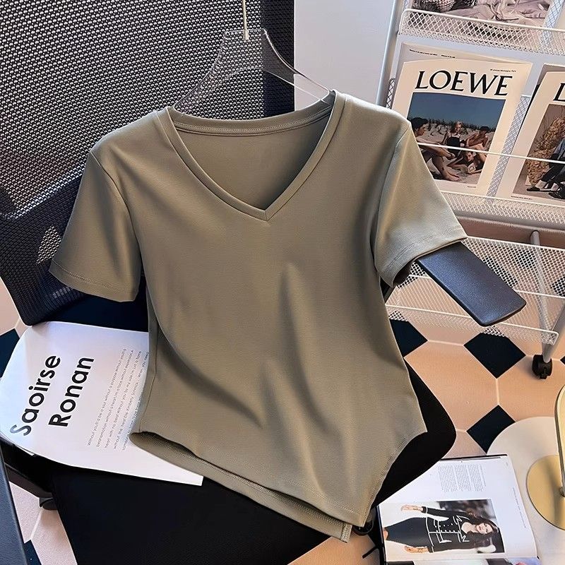 Pure desire V-neck front shoulder women's t-shirt short-sleeved summer new design sense of beveled hem slim fit thin tops all-match