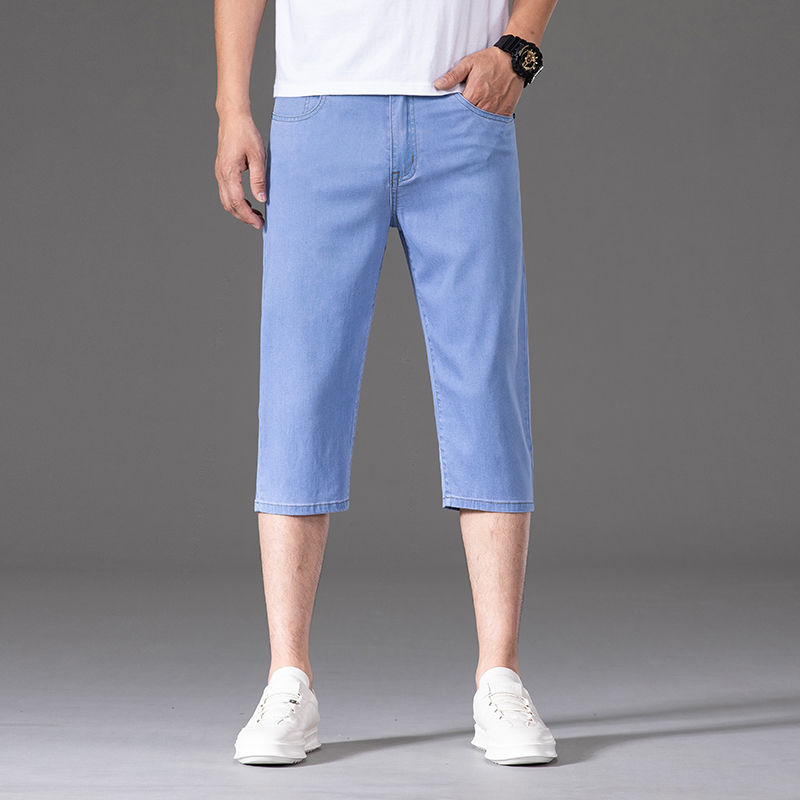 High-end ice silk denim shorts for men, loose straight 67 cropped pants, summer ultra-thin elastic over-the-knee summer breeches