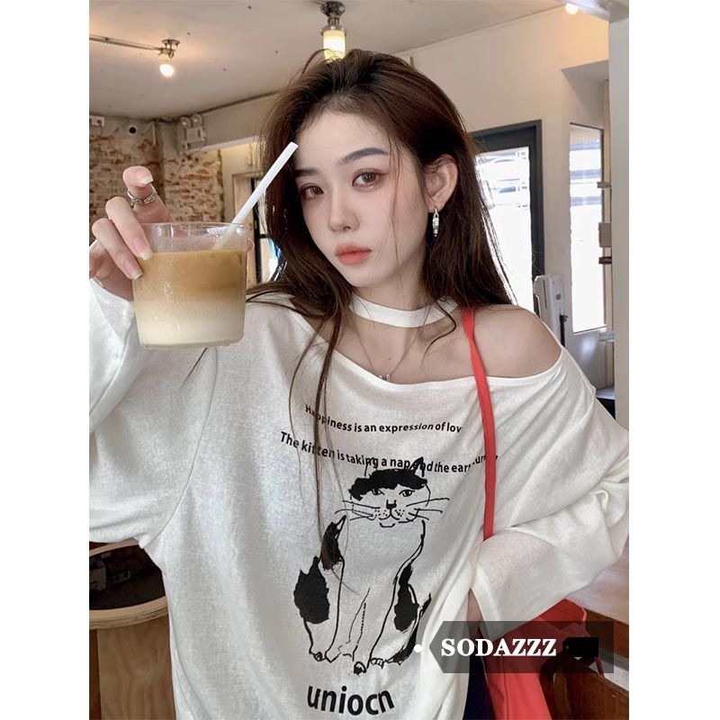 SODAZZZ American white off-the-shoulder T-shirt women's summer long-sleeved bottom missing loose sunscreen shirt one-shoulder top