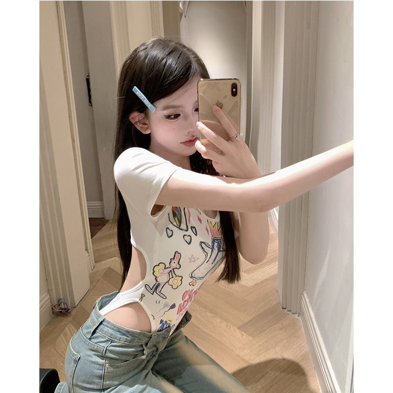 辣妹純欲修身短袖t恤女裝夏季收腰顯瘦連體衣設計感小眾別致上衣