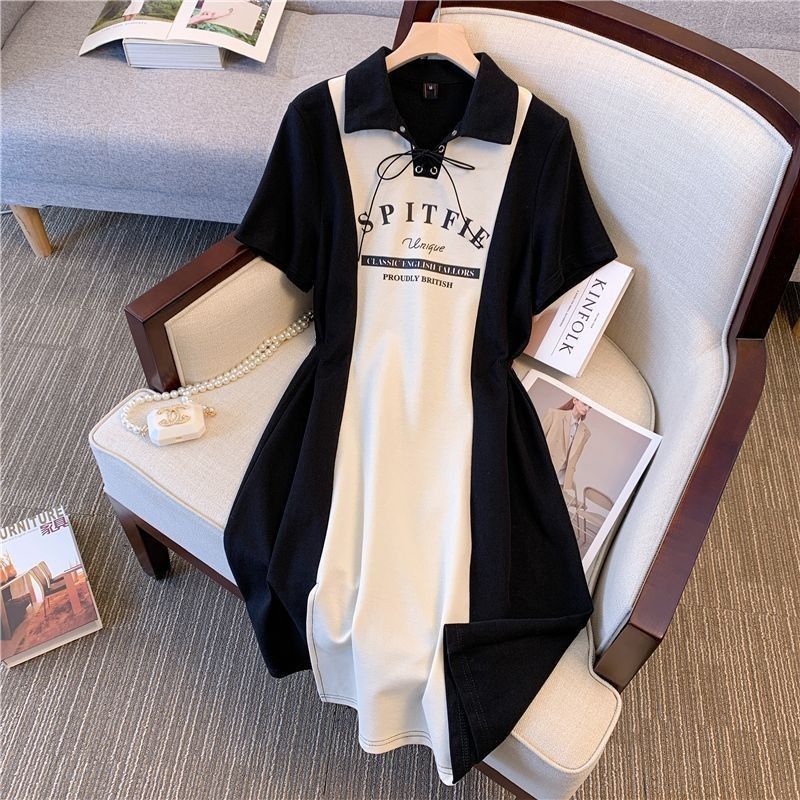 Stitching long over the knee slightly fat mm dress summer new waist slimming POLO collar shirt large size T-shirt skirt female