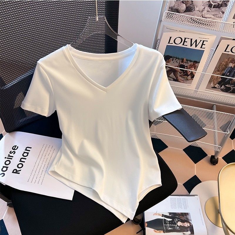 V-neck front shoulder ladies t-shirt short-sleeved summer Korean design sense irregular hem half-sleeve T-shirt slim fit slim top