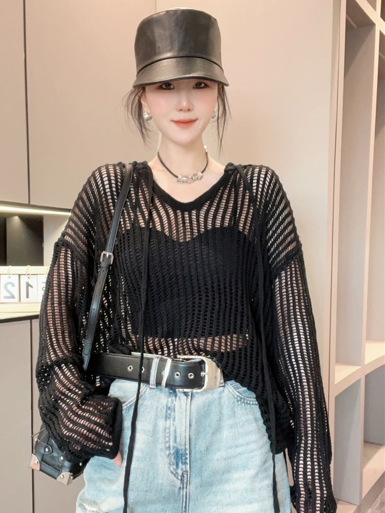 Plaid hollow drawstring hooded loose casual mid-length pullover women's knitted sweater 2023 summer new style"