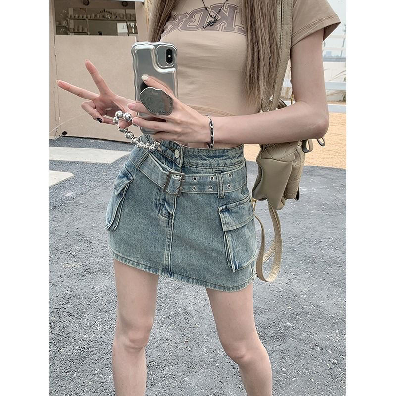 Small retro design high-waisted denim skirt for women summer slimming hip-hugging A-line anti-exposure short skirt ins