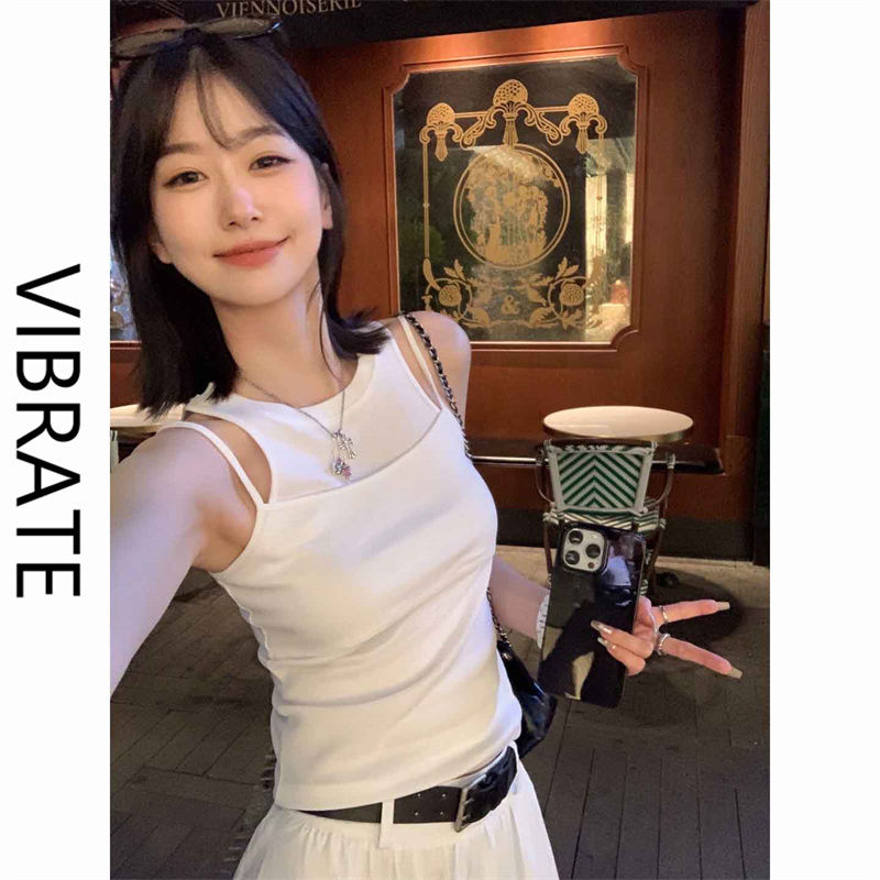 VIBRATE辣妹假兩件小吊帶背心女夏修身運動內搭打底短款無袖上衣