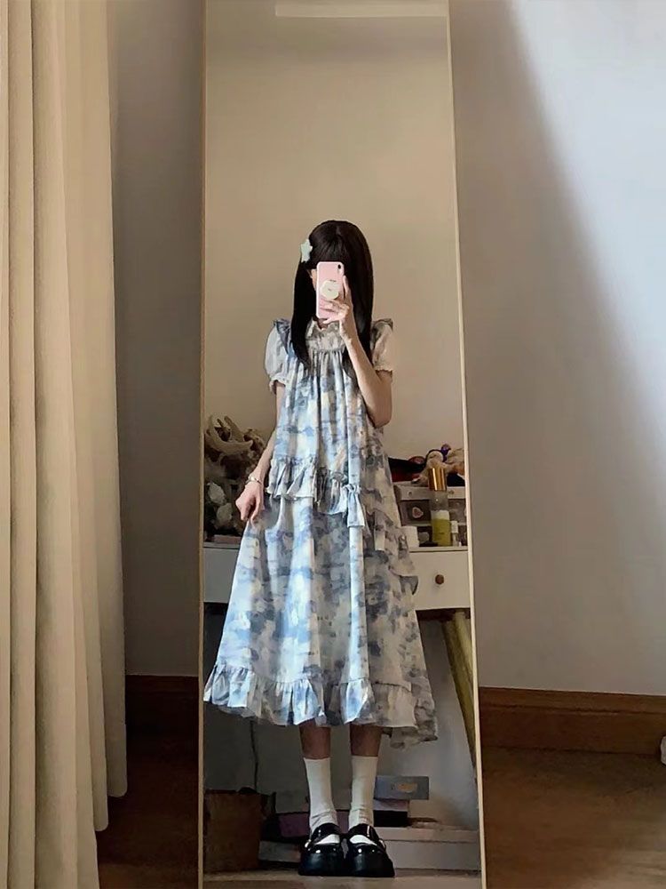 茶歇法式溫柔風海邊度假遮肚子減齡藍色碎花飛飛袖套裝學生女夏