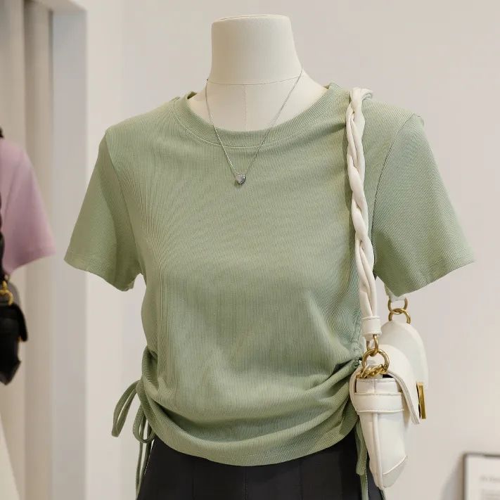 Western-style retro self-cultivation bottoming short-sleeved t-shirt female summer hot girl design sense niche inner drawstring round neck top