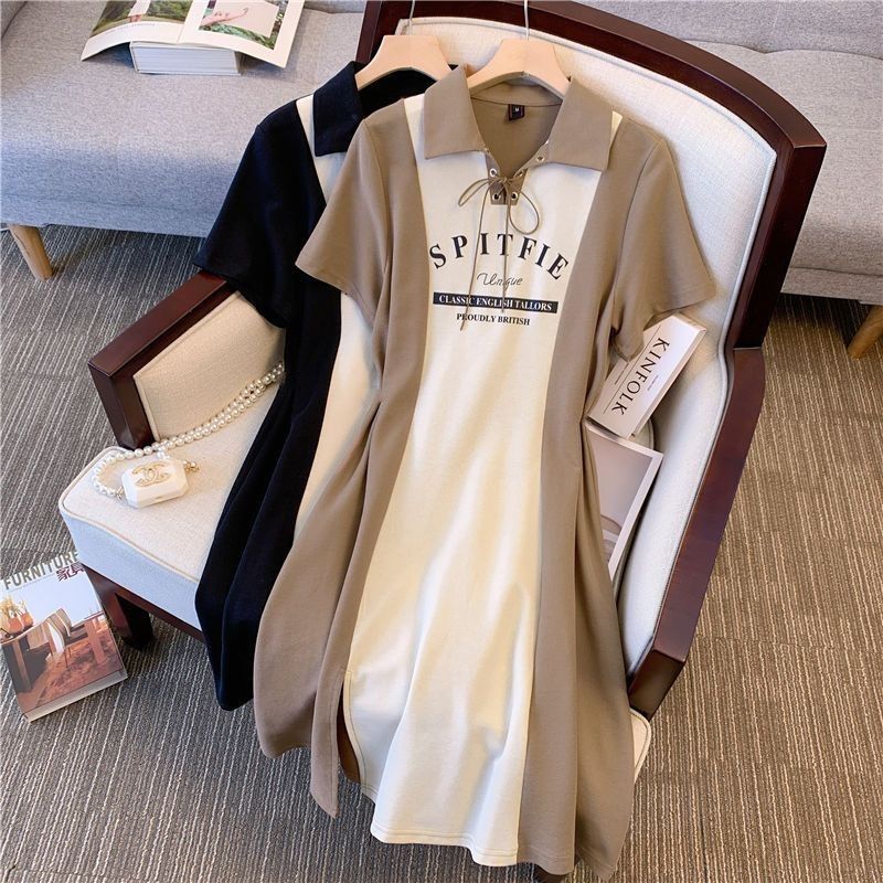 Stitching long over the knee slightly fat mm dress summer new waist slimming POLO collar shirt large size T-shirt skirt female