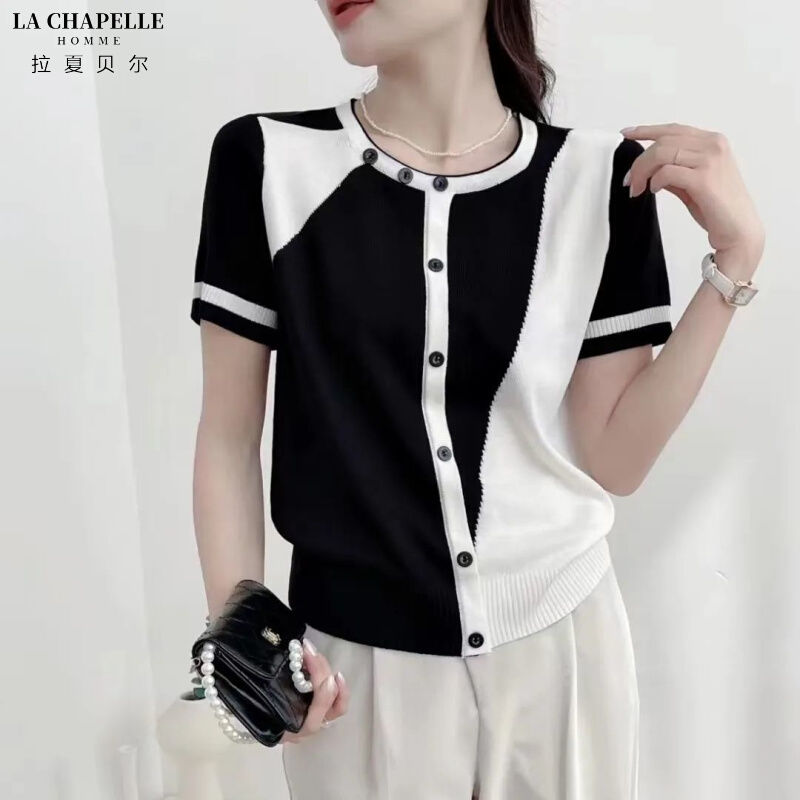 La Chapelle temperament button sweater women 2023 summer new women's clothing fashion short-sleeved ice silk t-shirt women"
